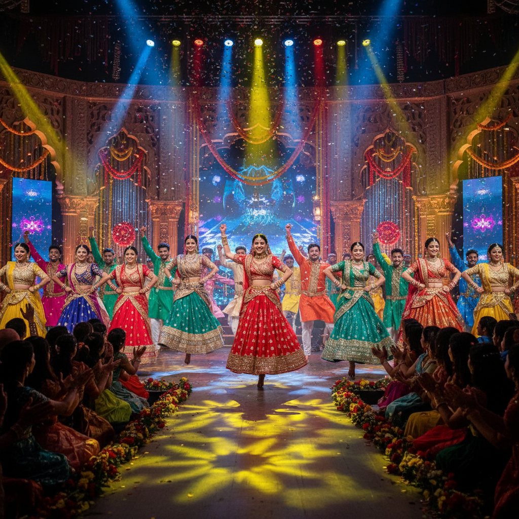 Bollywood themed birthday party with colorful decorations and stage setup