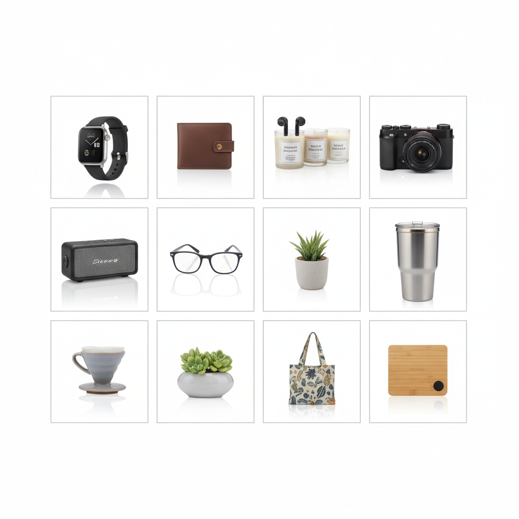 E-commerce website interface showing product grid on bright white background