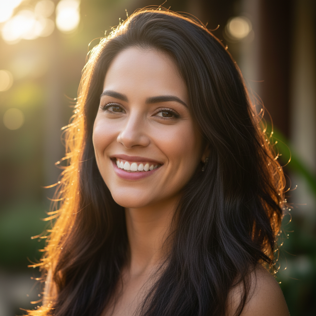 Mulher jovem brasileira com expressão positiva e segura, iluminação natural suave