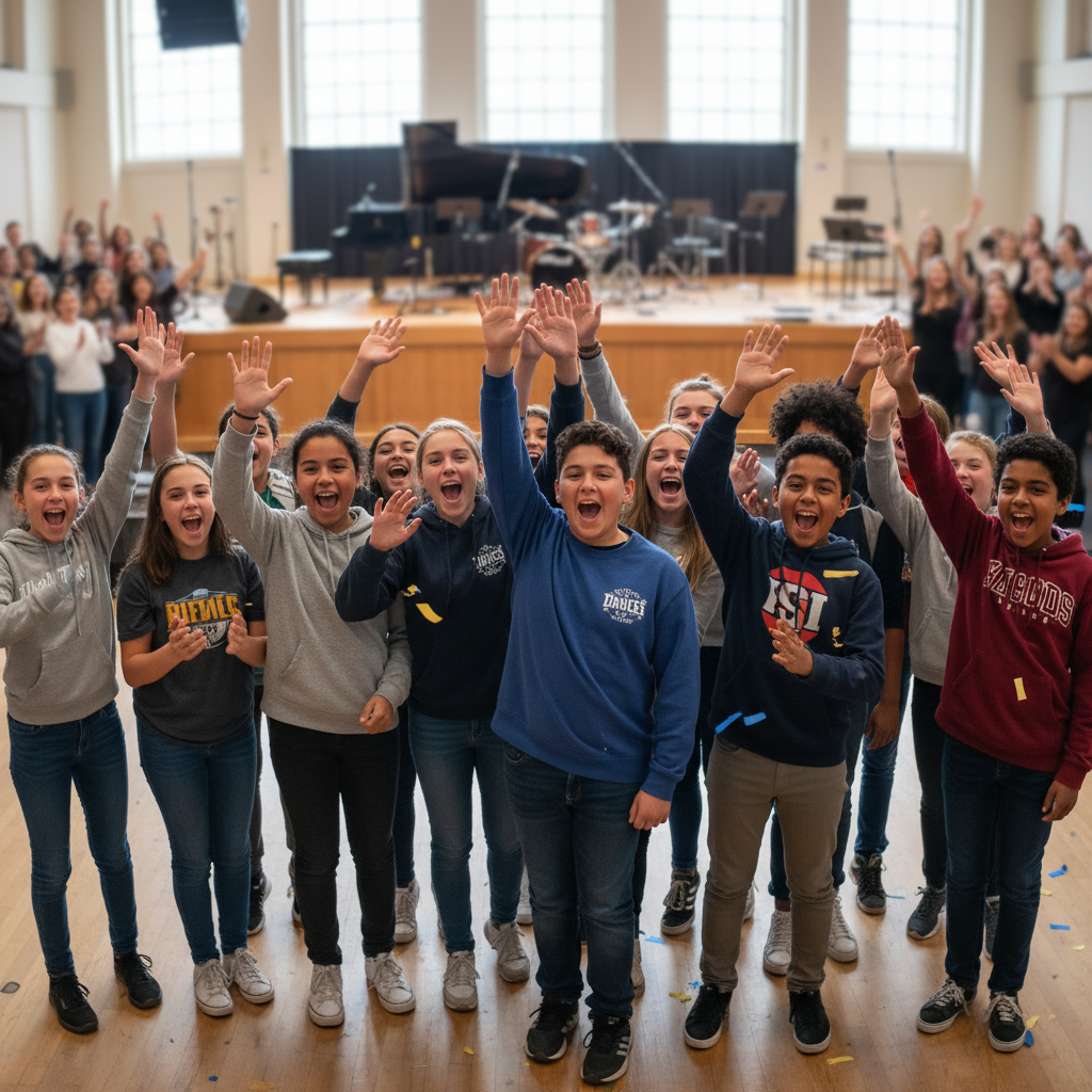 Group of young students high-fiving and cheering after a recital performance