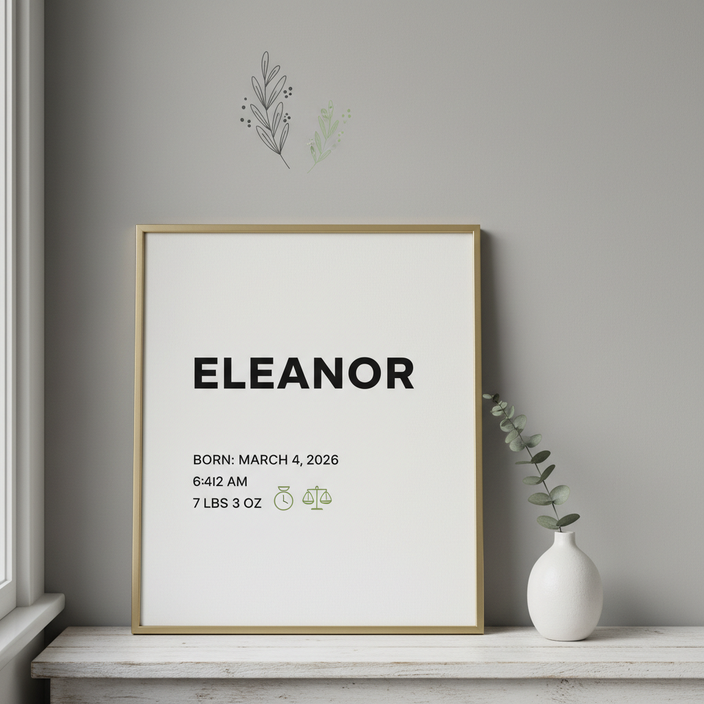 Birth stat print with name Eleanor, born March 4, 2026 at 6:42 AM, 7 lbs 3 oz