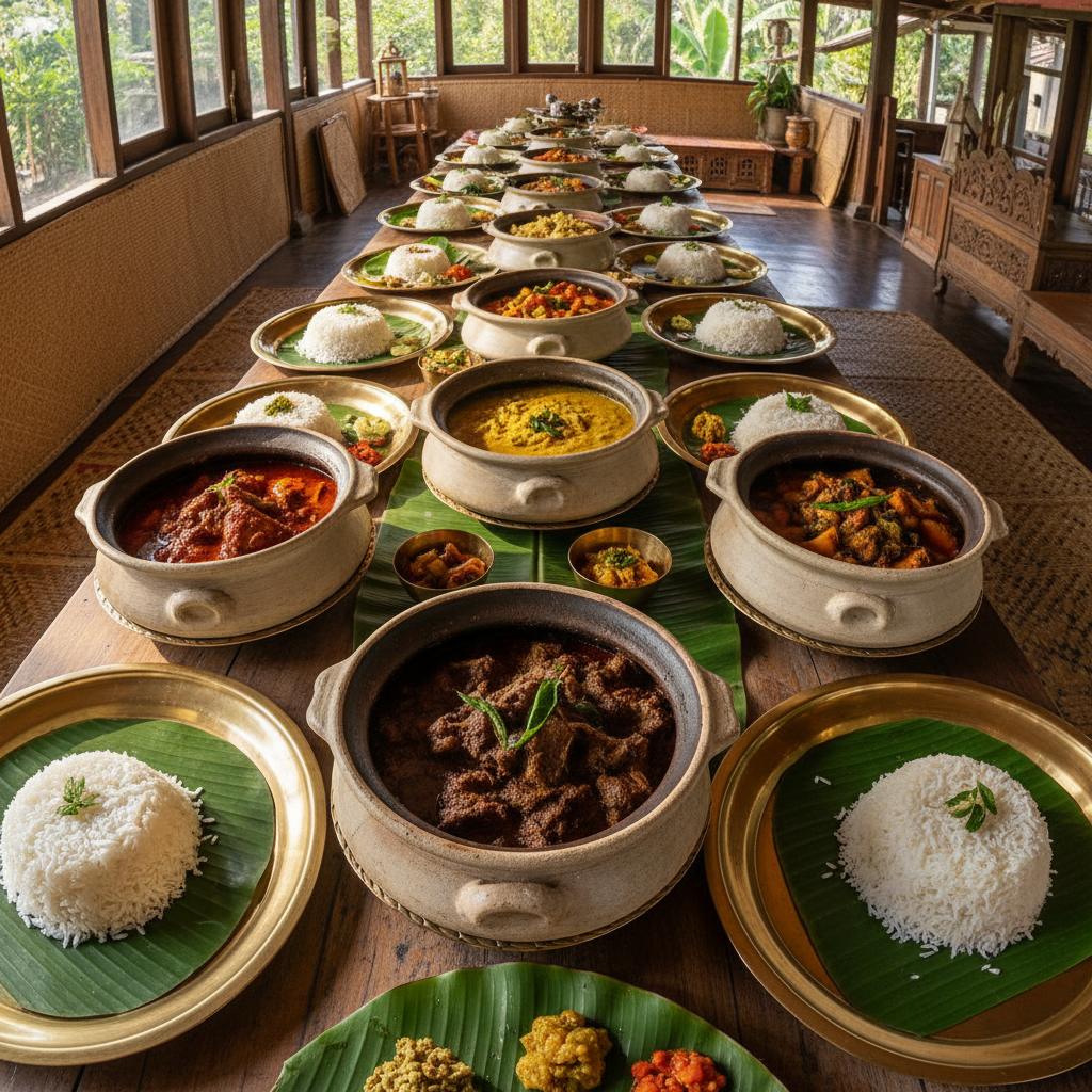 Colorful spread of authentic Sri Lankan dishes on wooden table