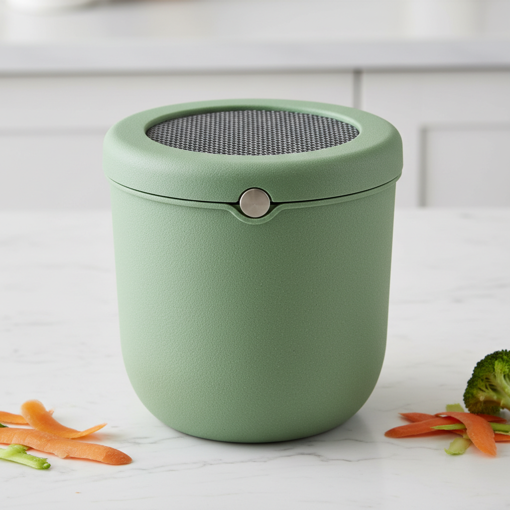 Compact odorless balcony composter in charcoal finish next to herb planters
