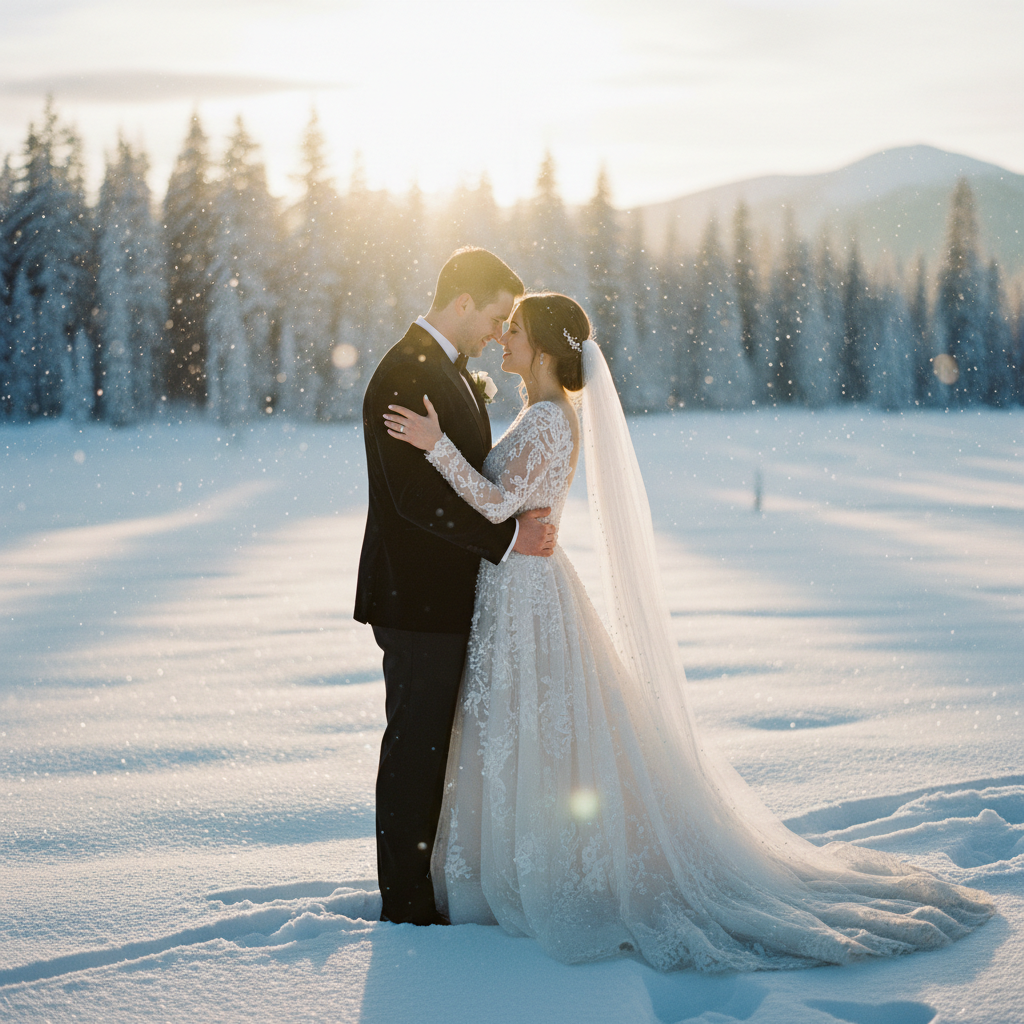 Elegant winter wedding couple in snow with dramatic backlighting and romantic atmosphere