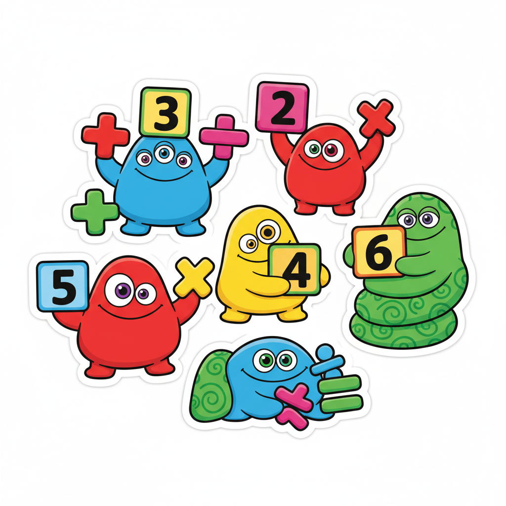 Playful clay monster characters holding number blocks and math symbols