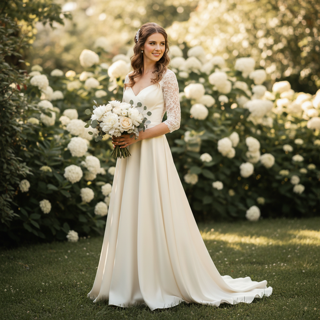 Radiant bride in perfectly matched warm ivory gown with natural soft lighting