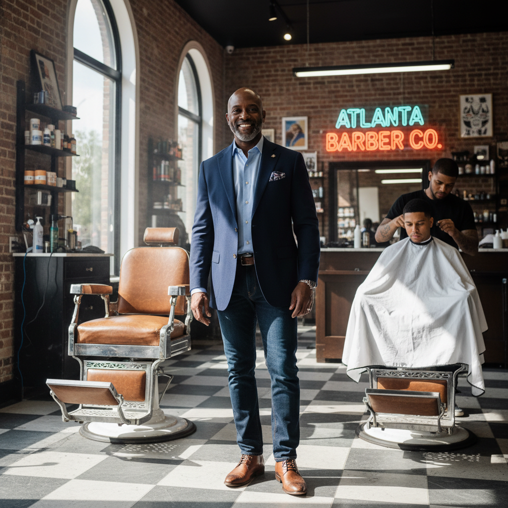 James Reeves, Fade franchise owner in his Atlanta shop, smiling in front of barber chairs