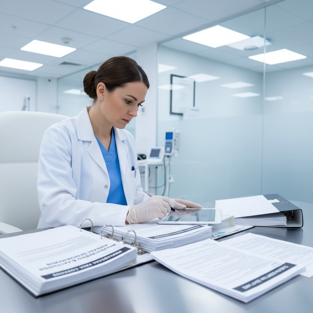Medical professional reviewing industrial health documentation, clinical environment, professional lighting