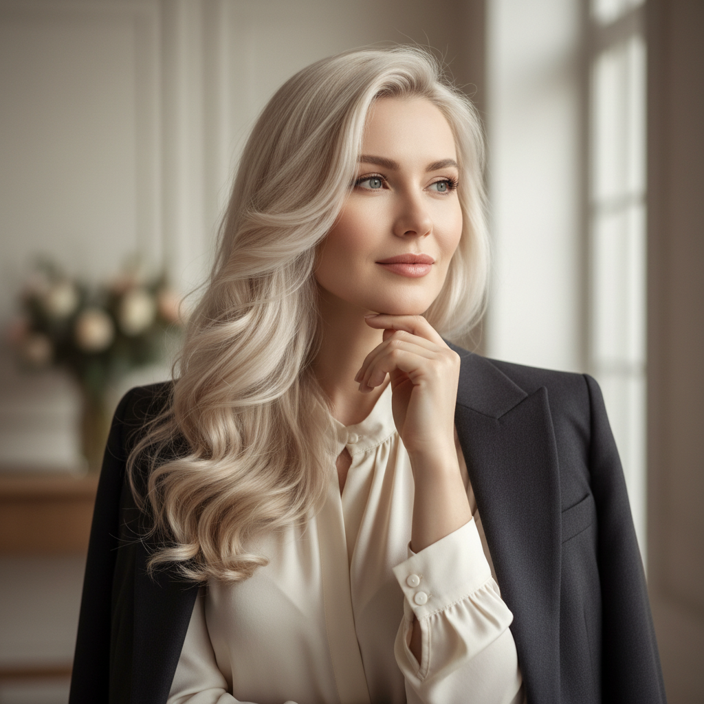 French woman with sophisticated look and elegant style against soft background
