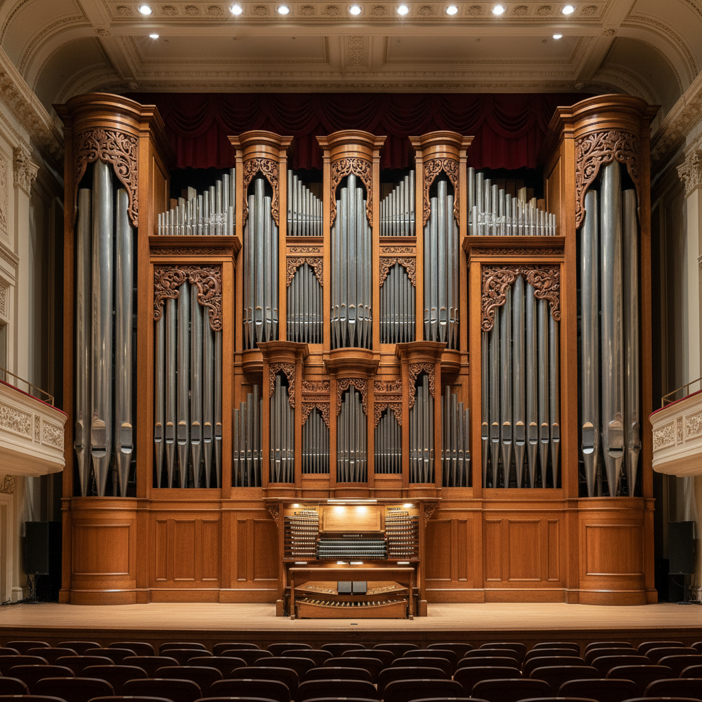 Fully restored four-manual Aeolian-Skinner concert organ in university recital hall with all pipe ranks gleaming