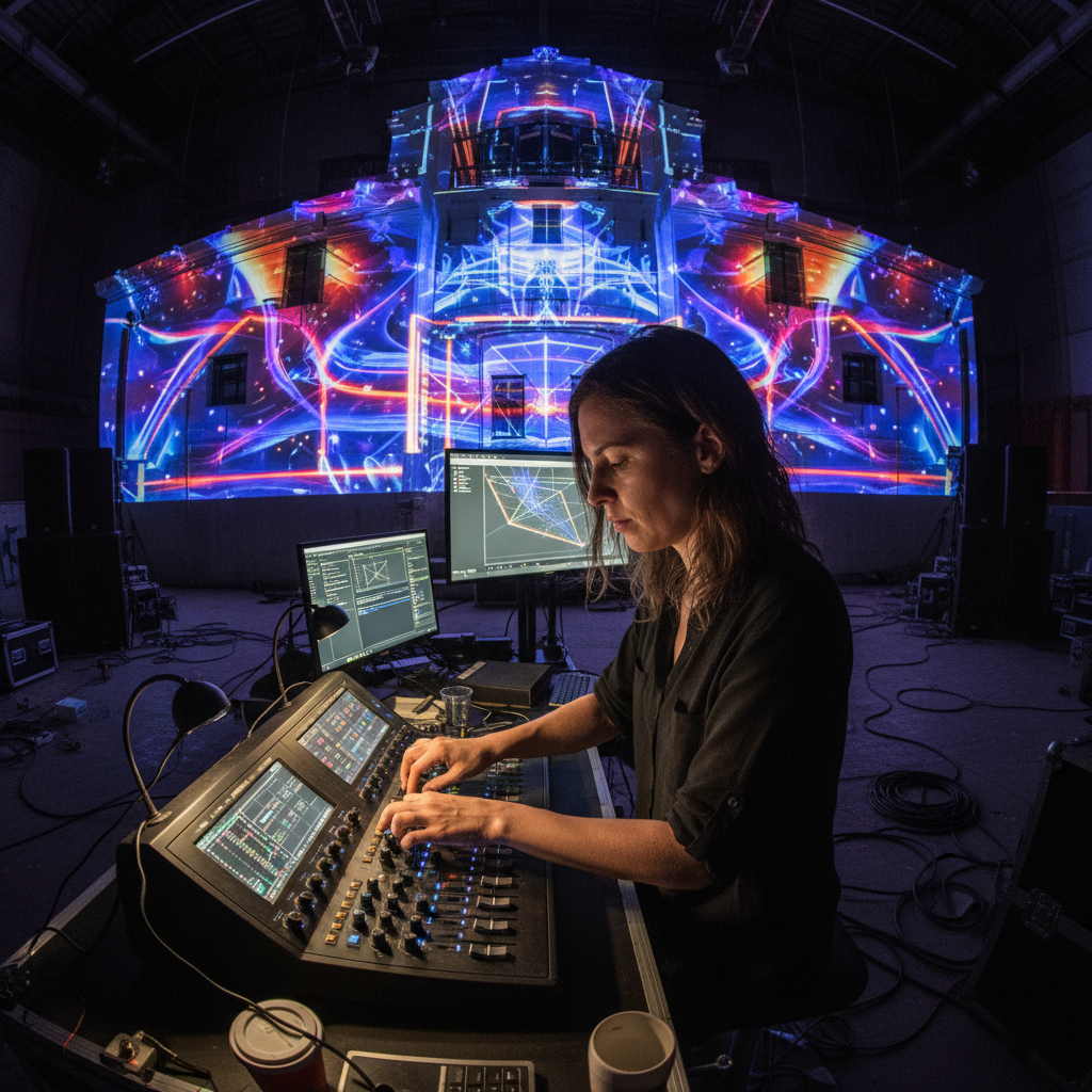 Artist Zara Okonkwo, projection mapping specialist, dramatic side lighting