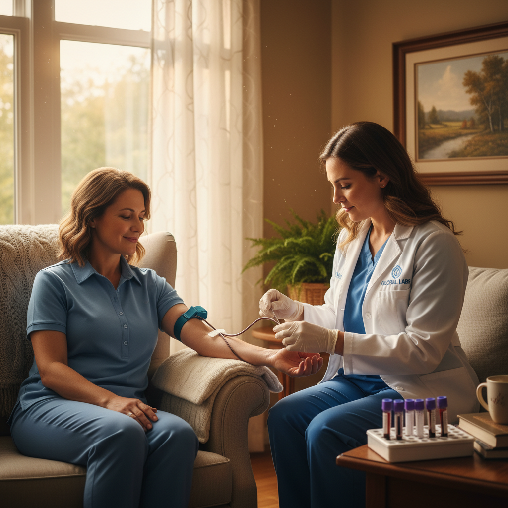 Medical professional in gloves collecting blood sample in home setting, clean clinical equipment on white background