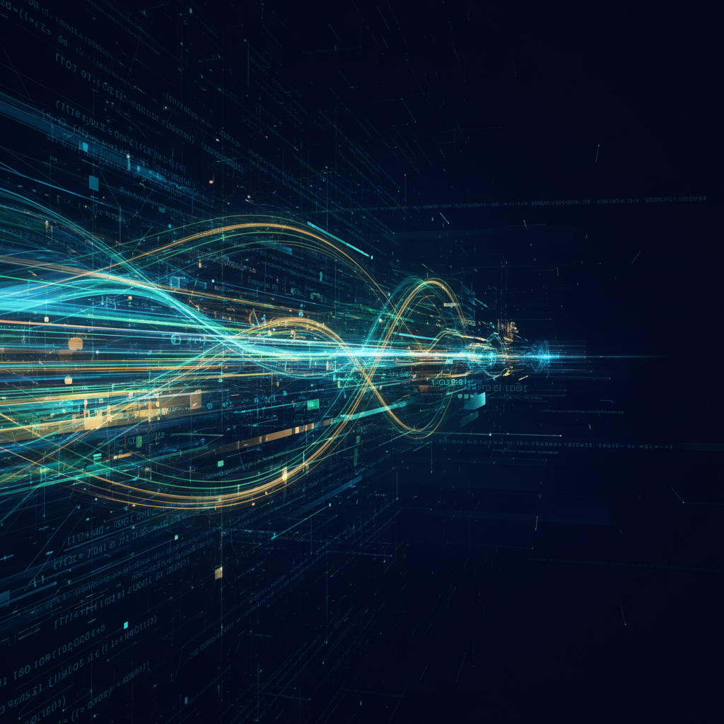 Abstract digital design with dark background, electric blue light streaks, modern tech aesthetic
