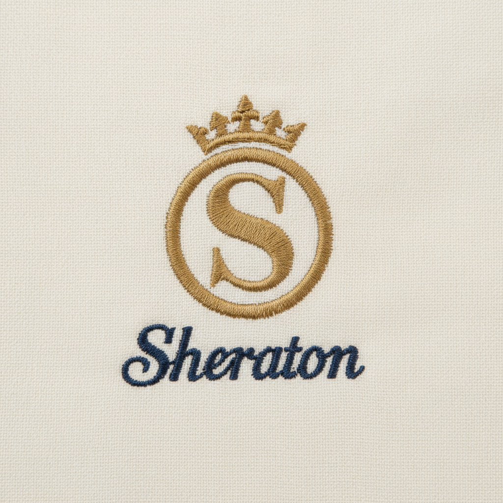Macro embroidery of Sheraton crest on ivory spa uniform fabric showing fine detail stitching
