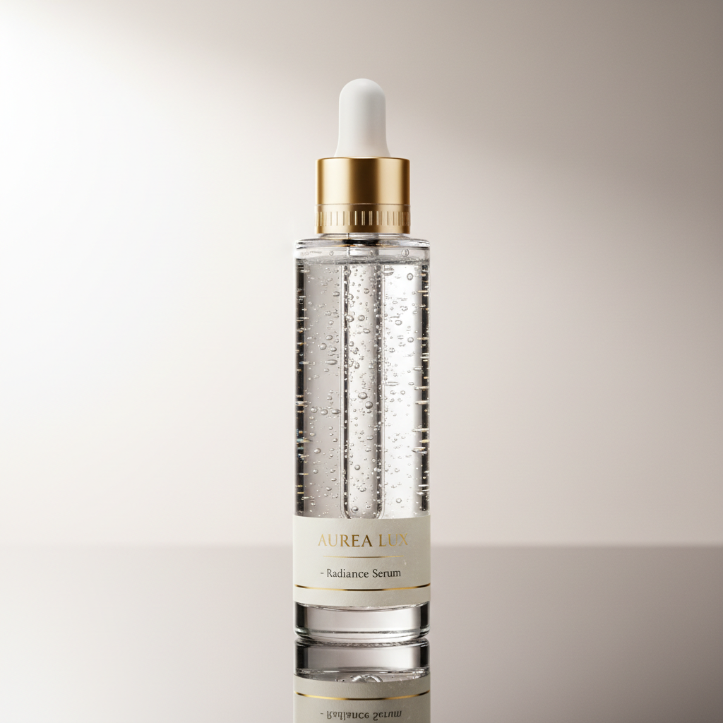 Close-up of luxury skincare serum being inspected against light, showing product clarity and seal integrity