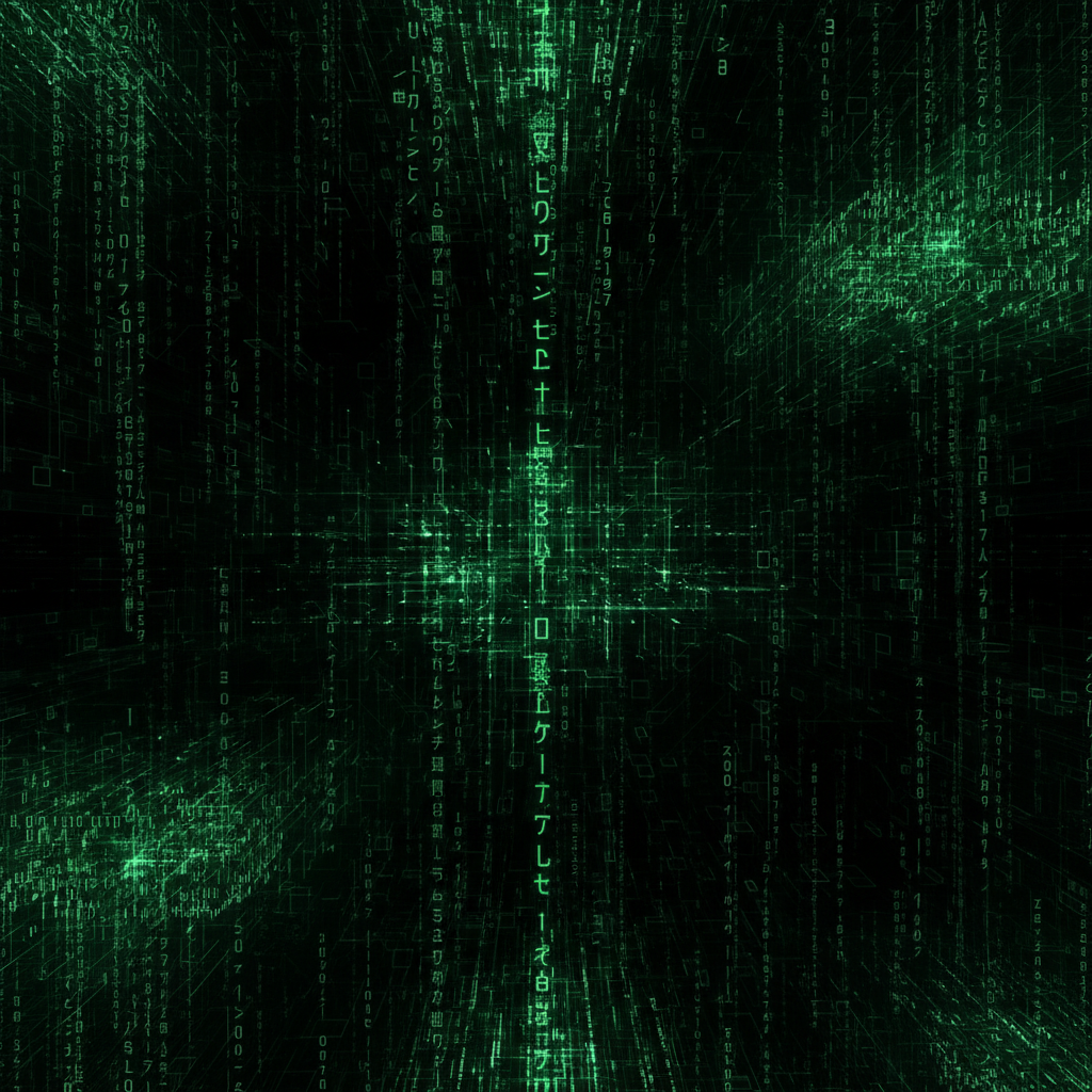 Green binary code cascading on dark screen, digital matrix aesthetic, deep shadows, technological glitch
