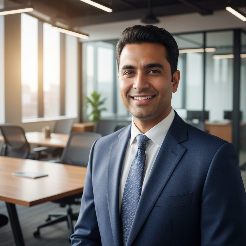 Professional businessman in navy suit smiling confidently in modern office setting with glass windows