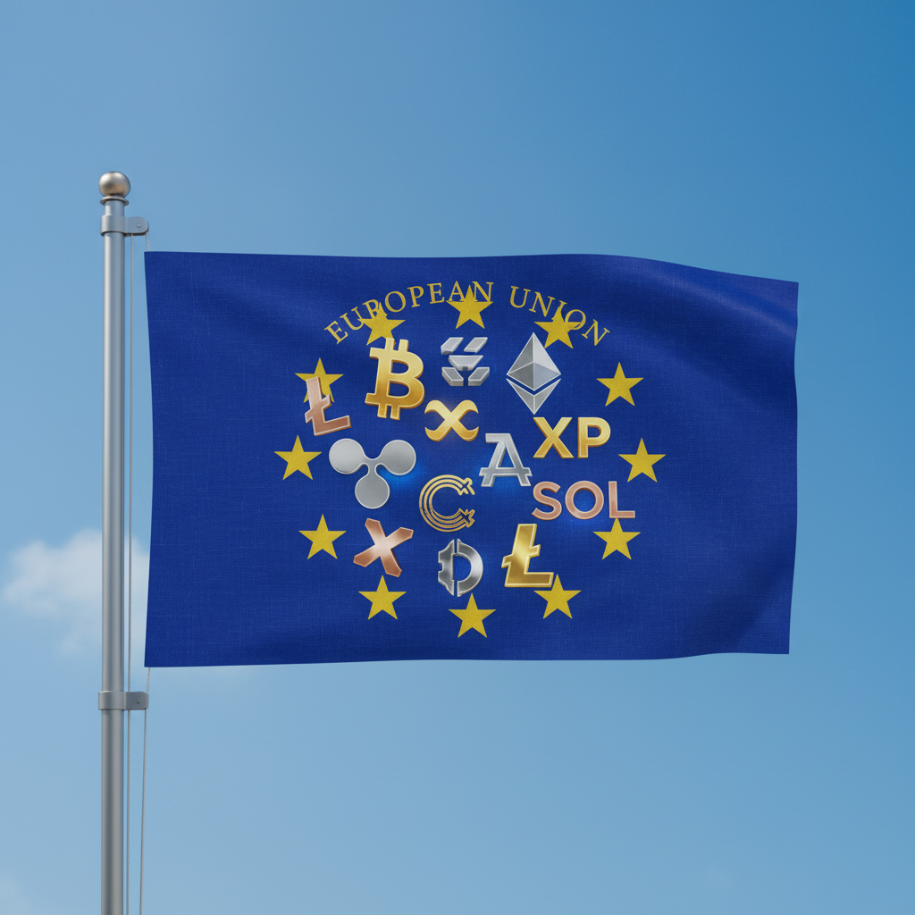 European Union flag with cryptocurrency symbols representing MiCA regulation