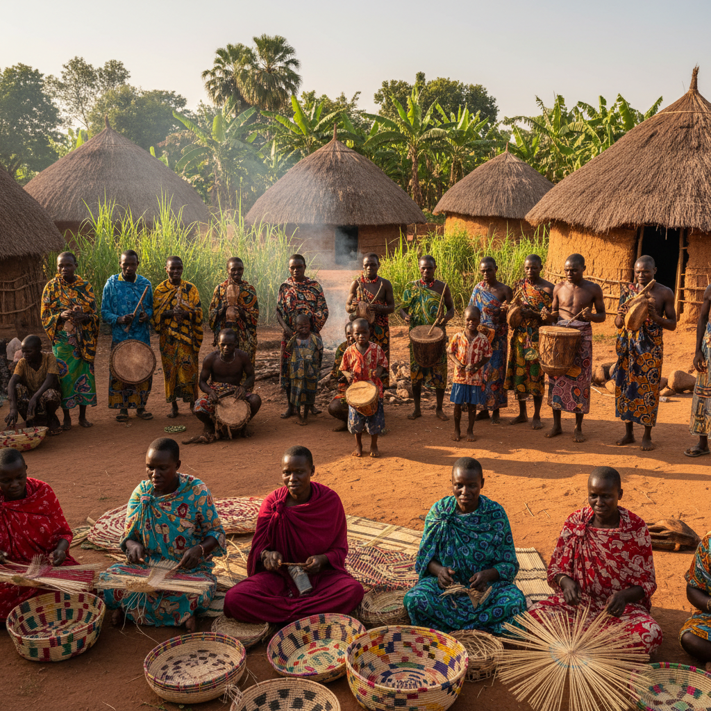 Ugandan community members in traditional dress, community tourism partnership, warm and welcoming
