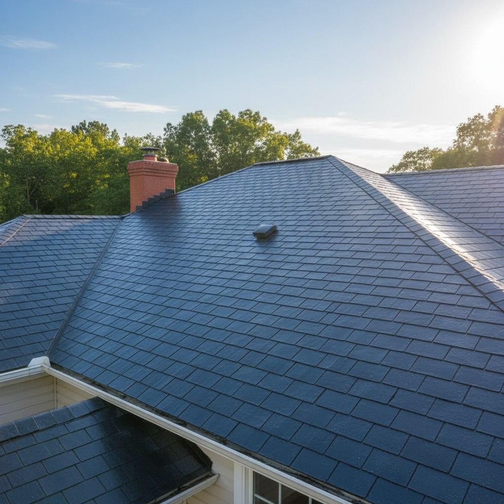 Bright craftsman home with architectural shingle roof, clean lines, and blue sky background in natural daylight