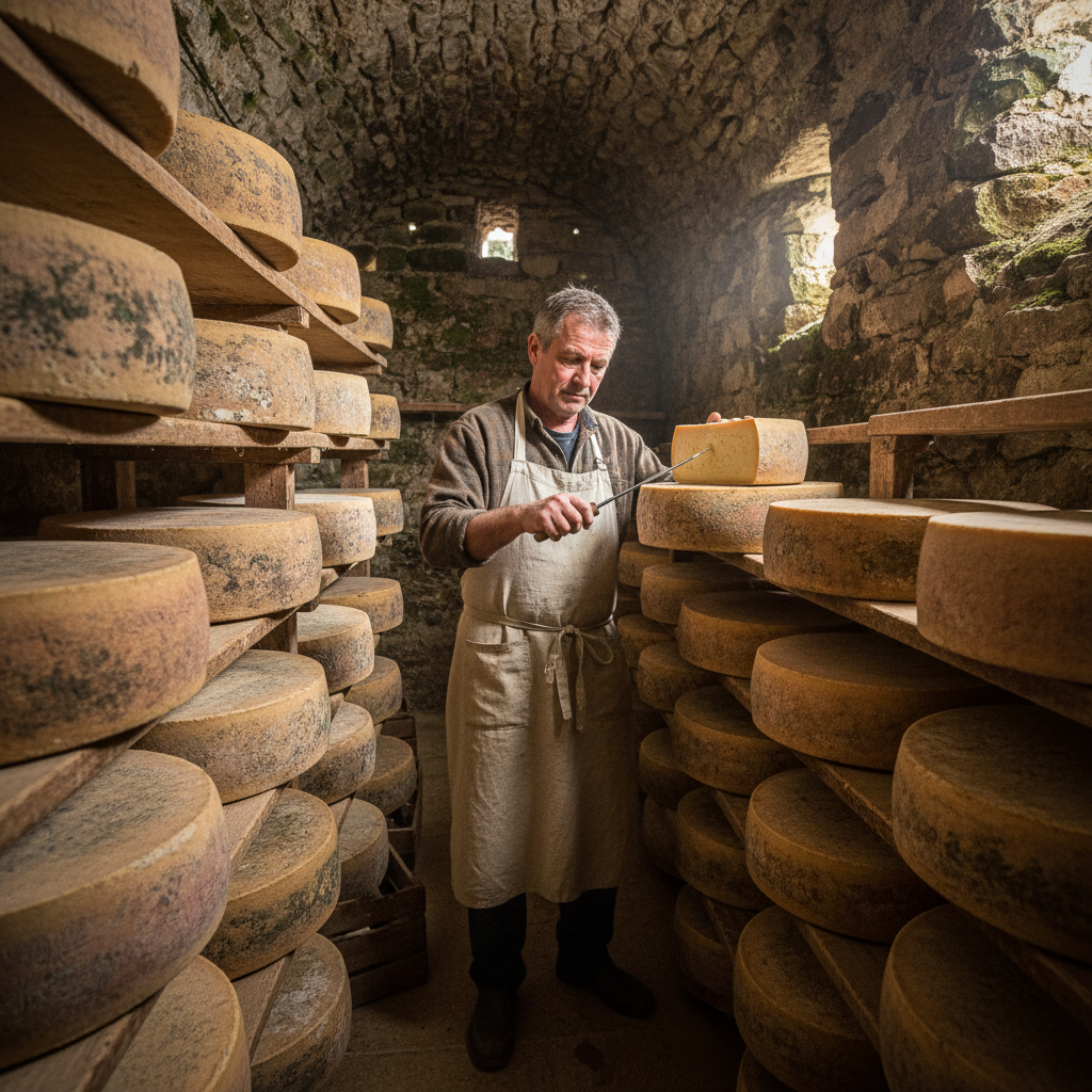 Third-generation French cheesemaker Henri Beaufils in his cave-aged cellar