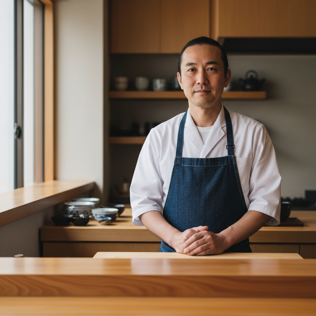 Japanese chef in dark apron standing before wooden counter, calm expression