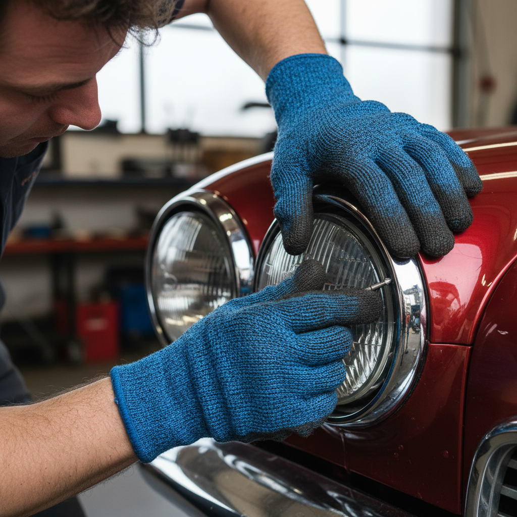 Mechanic in work gloves carefully test-fitting a headlight assembly on a classic car, checking alignment