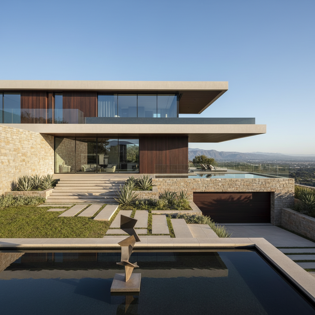 Luxury home with modern architecture, bright natural lighting, open spaces, premium finishes