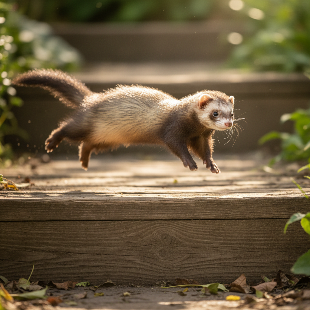 Ferret mid-leap over a wooden step, all four paws off ground, captured at peak arc