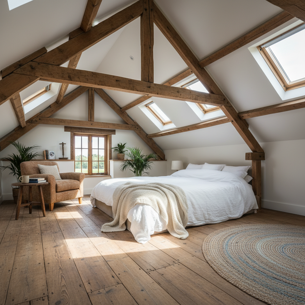 The Hayloft room — king-size bed with white linen, exposed wooden beams, countryside views