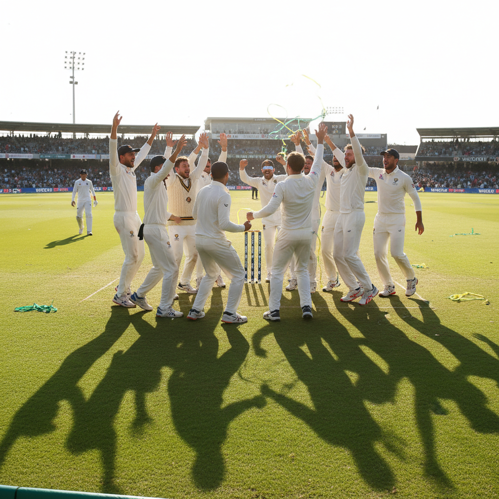Cricket players in white uniforms celebrating a wicket on a sunny green field