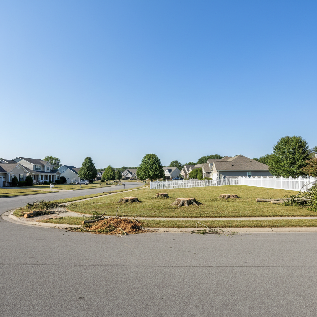 Clear residential street with open yard and clean sight lines after emergency tree removal crew