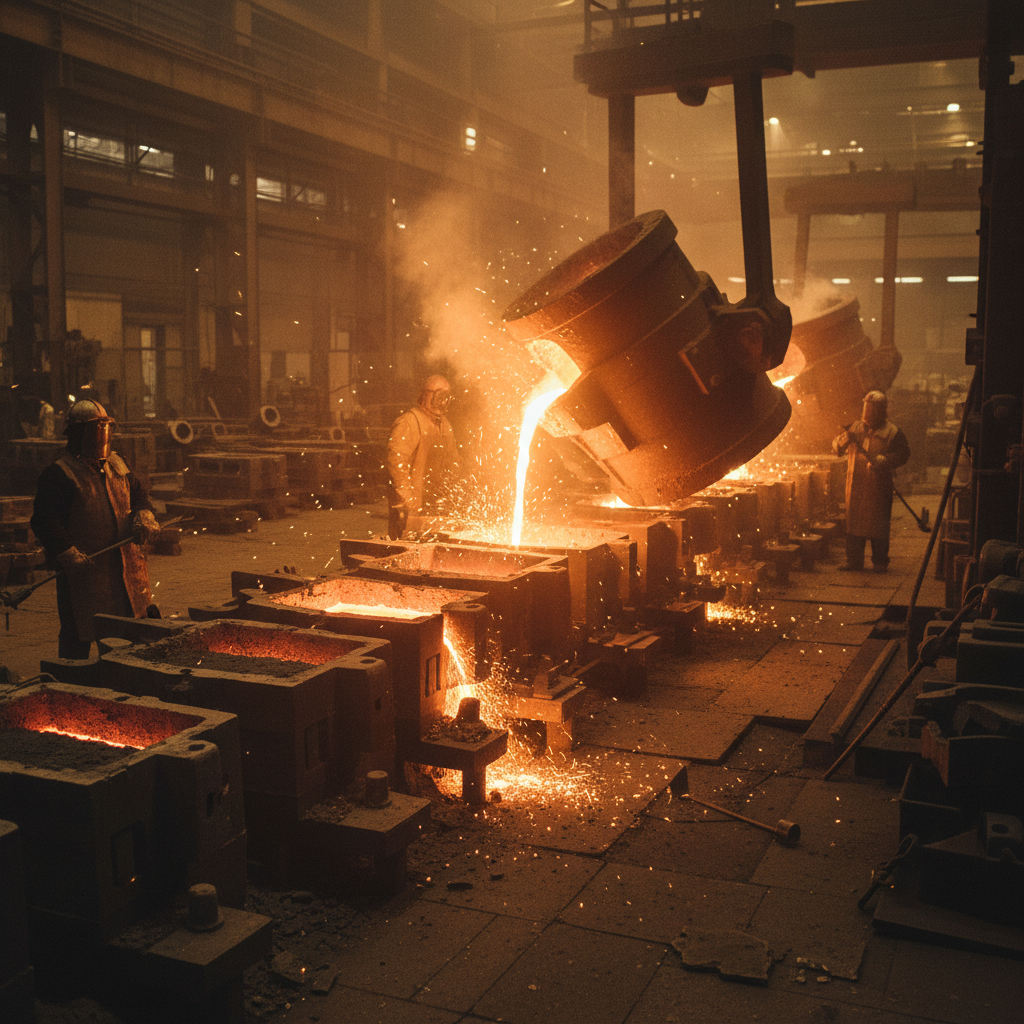 Molten metal casting process in foundry with orange glow and industrial equipment