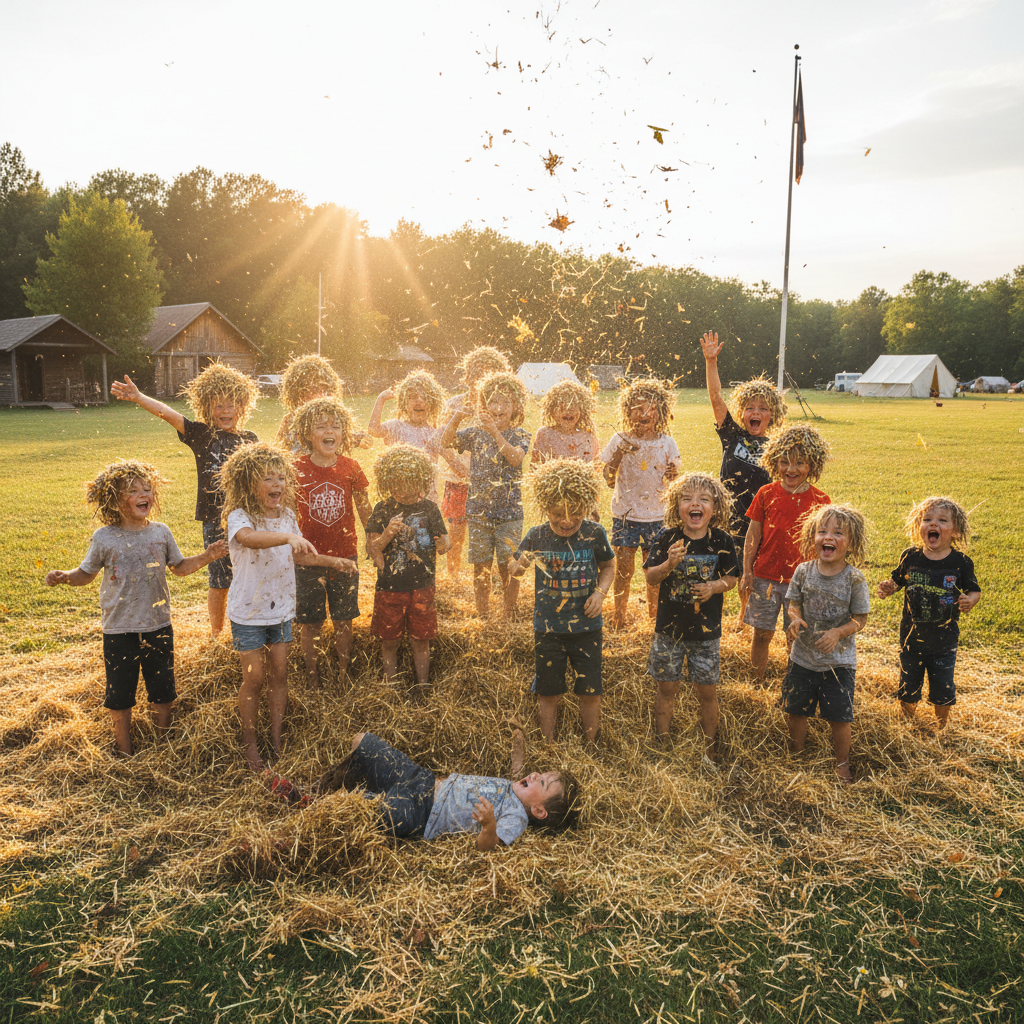Kids celebrating at end of camp week, covered in hay and laughing together