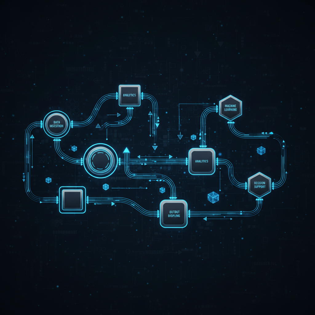 Dark digital automation workflow with electric purple nodes on black background