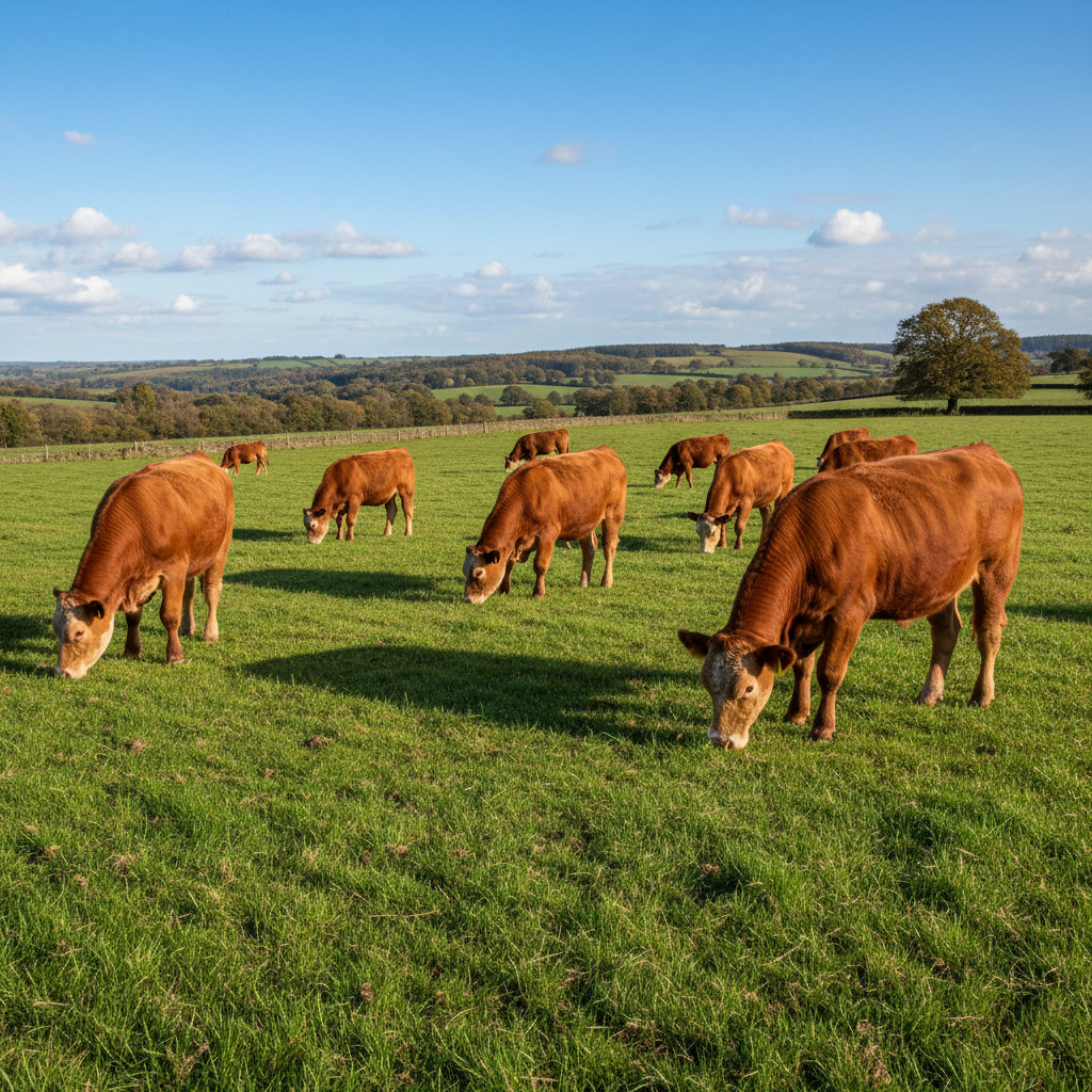 Limousin cross heifers grazing in green field