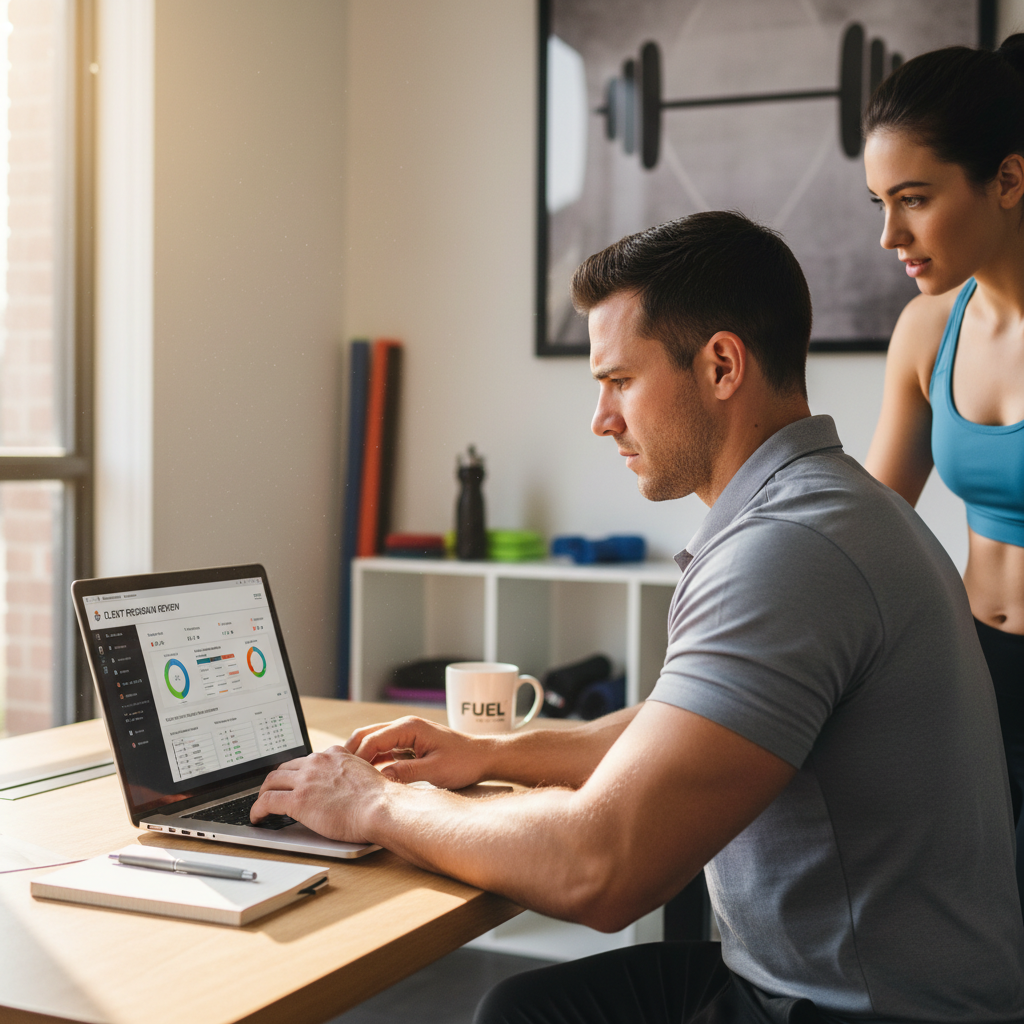 Fitness coach reviewing workout plan on laptop for online coaching client