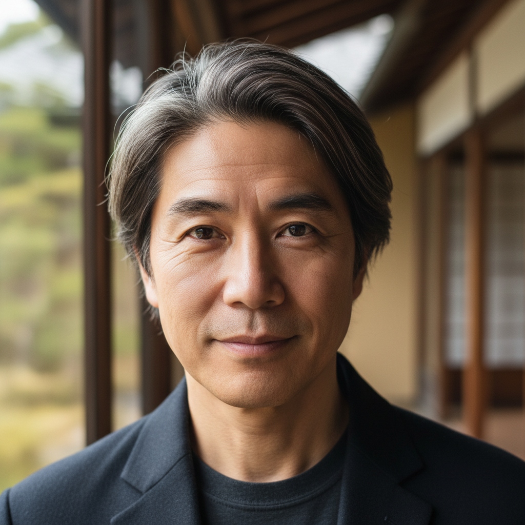 East Asian man in his 50s with silver-streaked hair and a calm expression