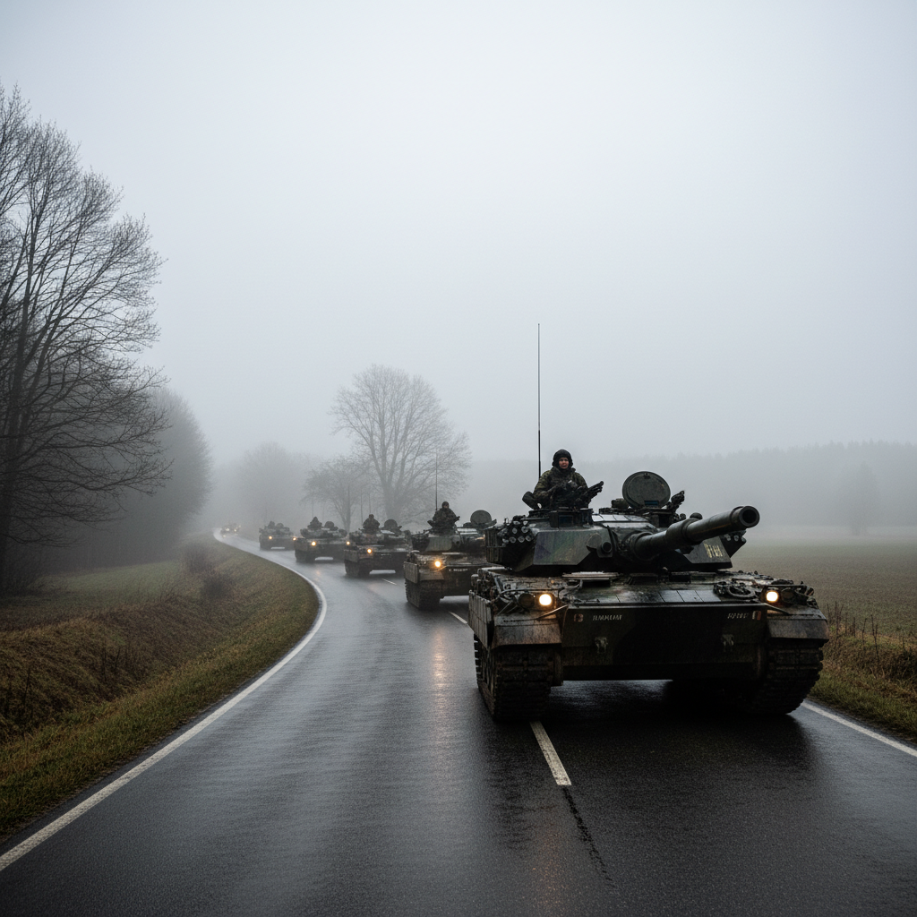 Armoured military vehicles on rugged terrain, dark dusty environment, dim atmospheric shadows