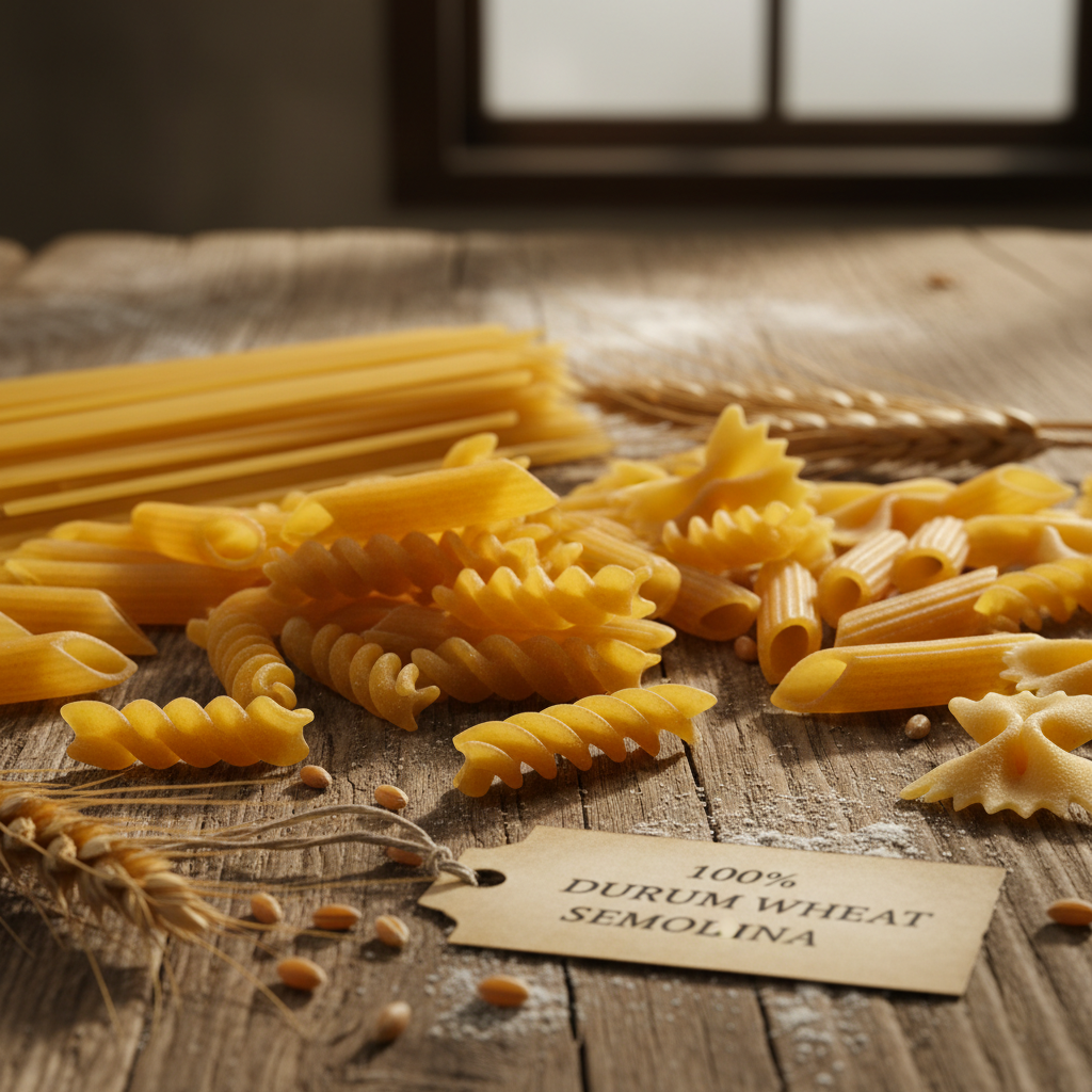 Pâtes artisanales sèches sur fond rustique en bois avec farine