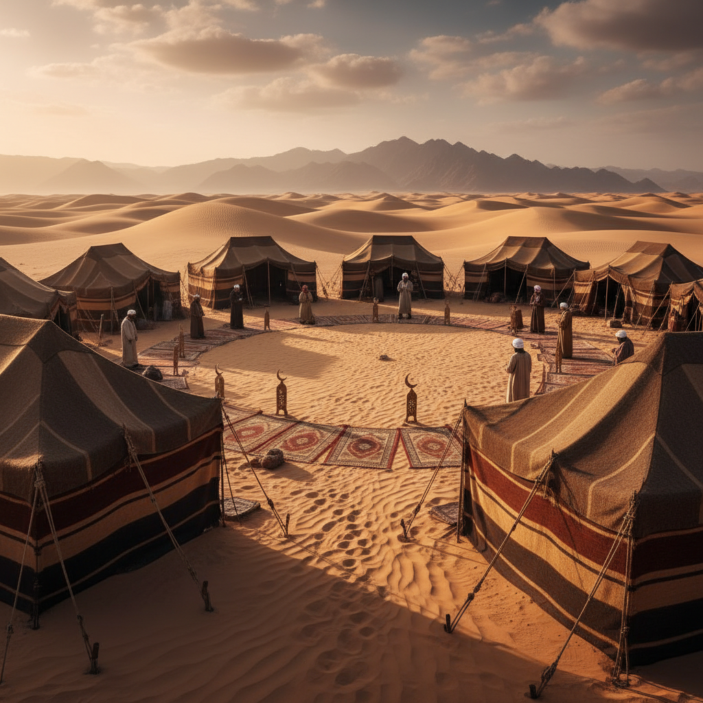 Tradicionalna beduinska tabor postavitev s preprogami in blazinami v puščavi