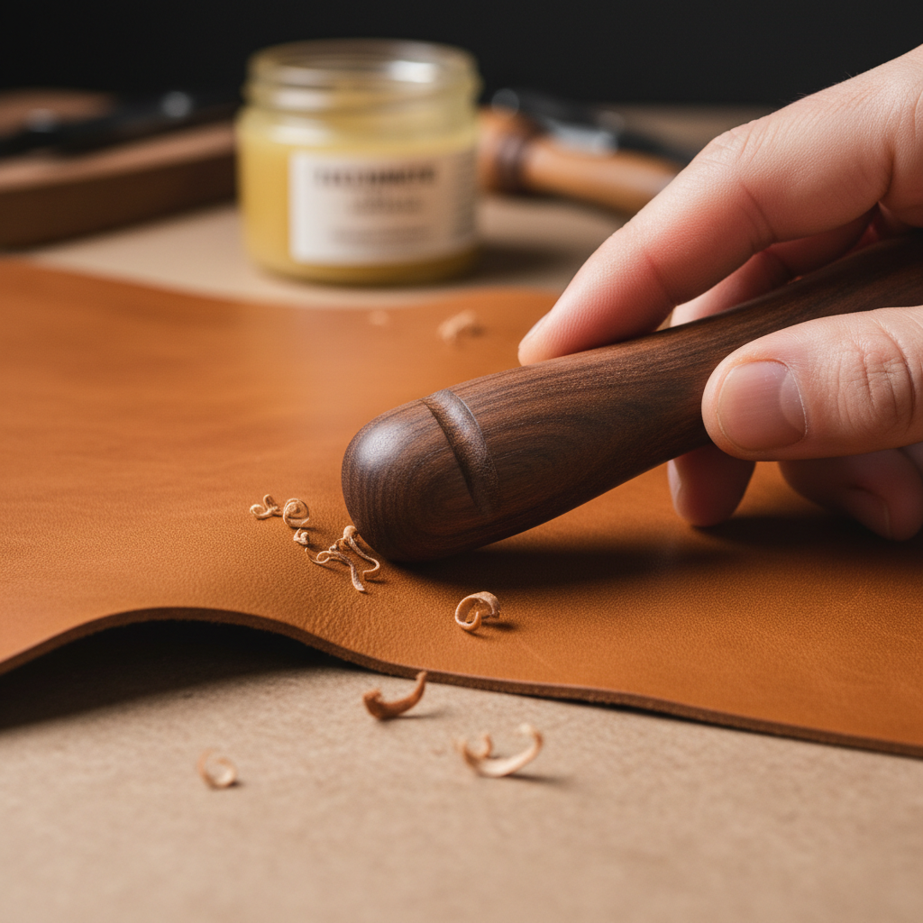 Close-up of leather edge being burnished and finished with wooden tool, warm amber tones, artisan detail
