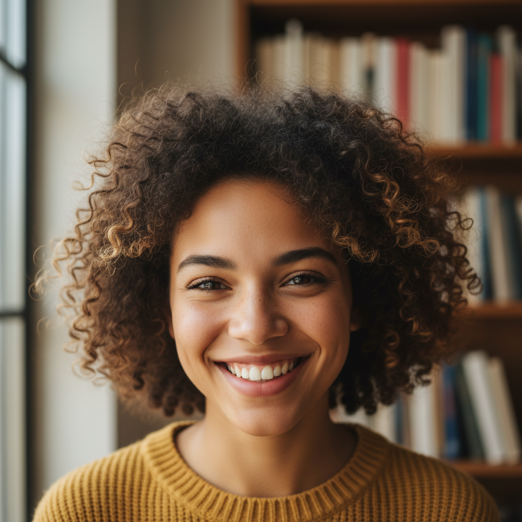 Jordan Calloway, a young person with natural hair smiling in a library