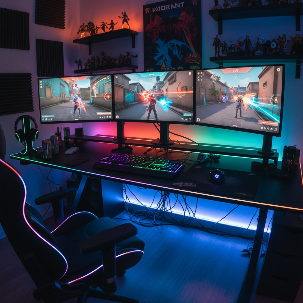 Gaming setup with glowing purple RGB lights and dual monitors showing Valorant rank screen