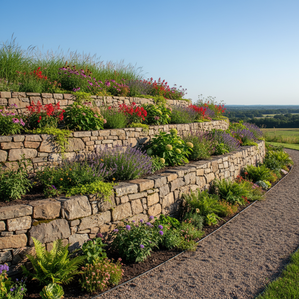 Completed retaining wall with stone block courses, natural earth tones, structured terracing on sloped property