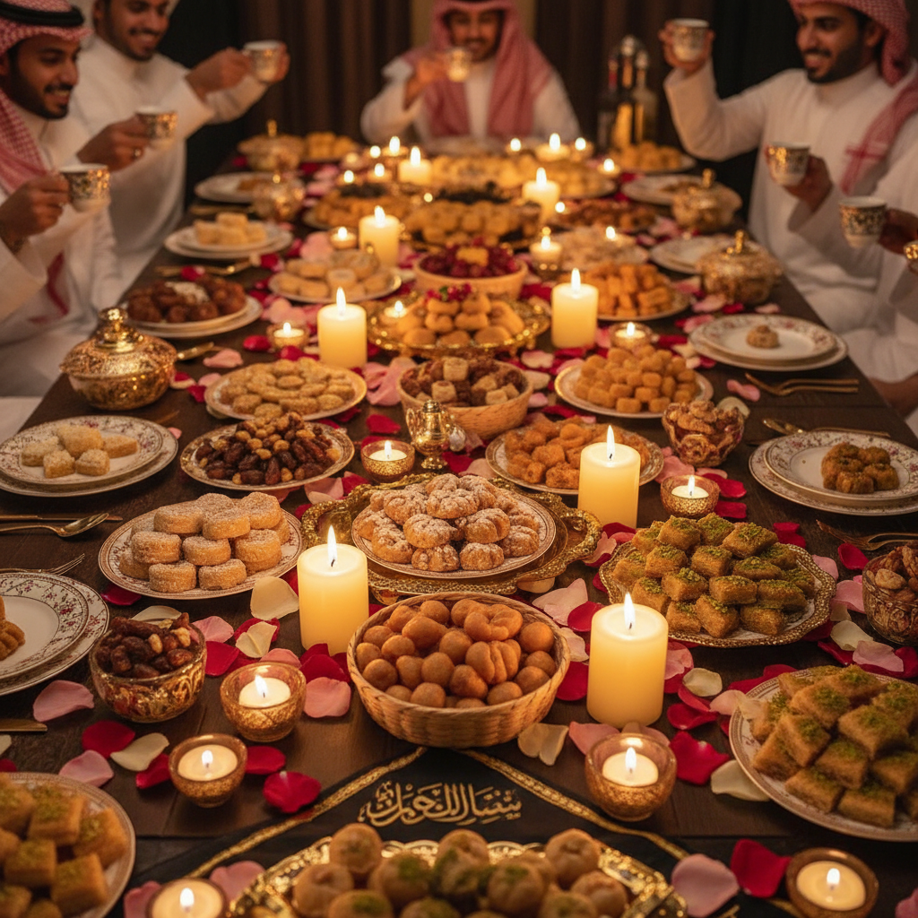 Dessert table with Indian and western sweets, mithai and pastries, dark celebration venue, warm golden accent lighting