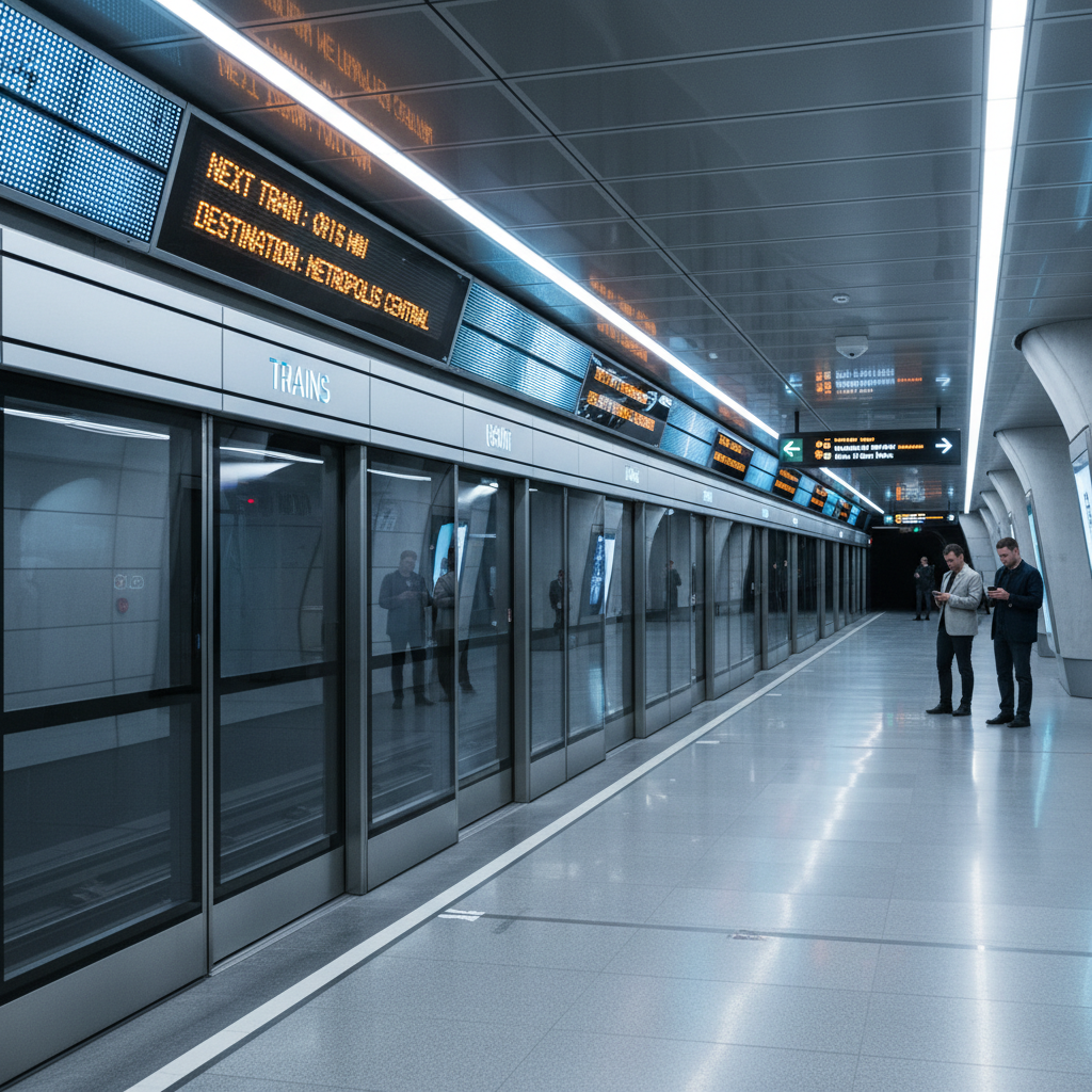 Modernized subway station with LED wayfinding, platform edge doors sealed shut, and real-time arrival boards glowing amber