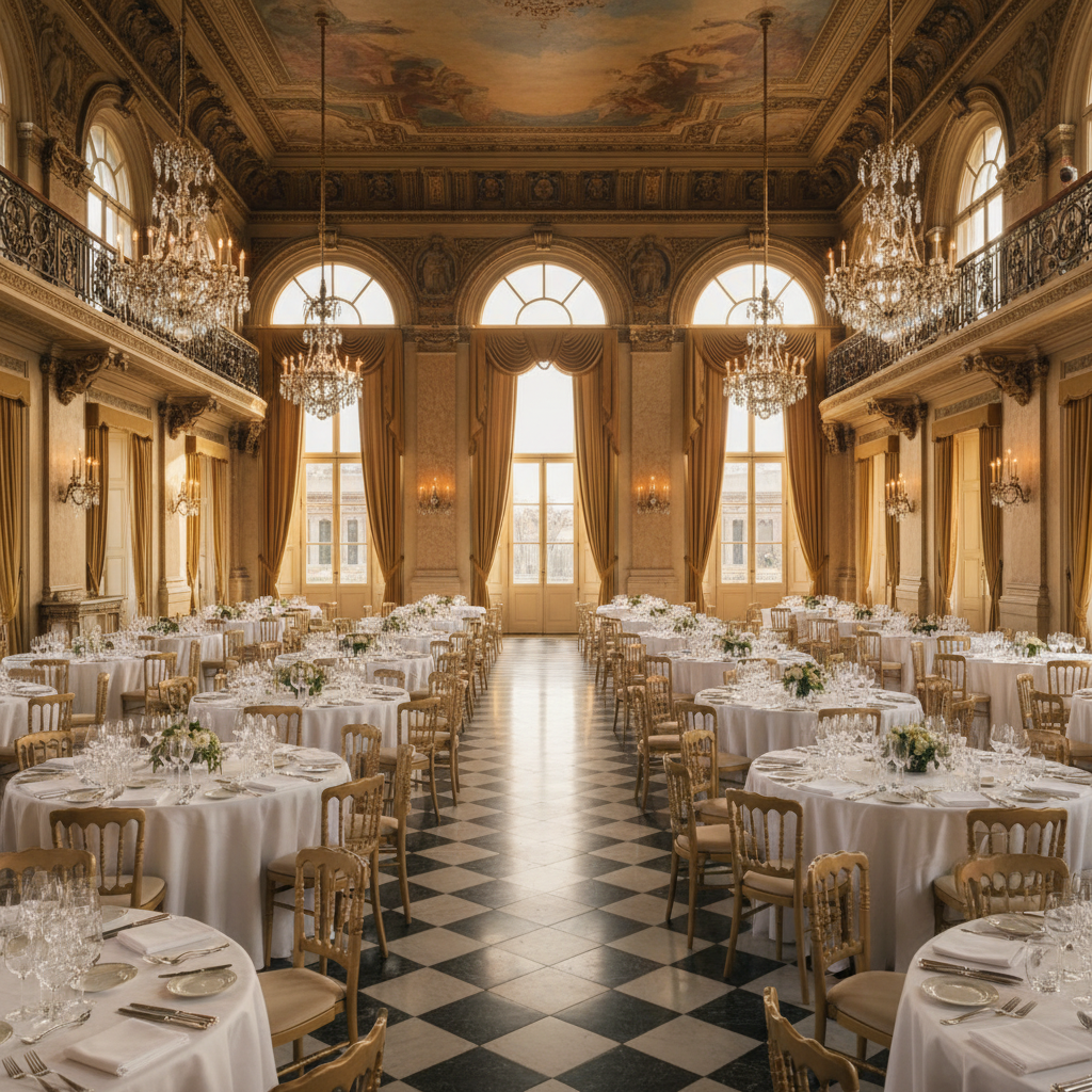Luxury train dining car at golden hour, passengers at white-tablecloth tables with crystal glasses, warm amber chandeliers casting romantic light through panoramic windows