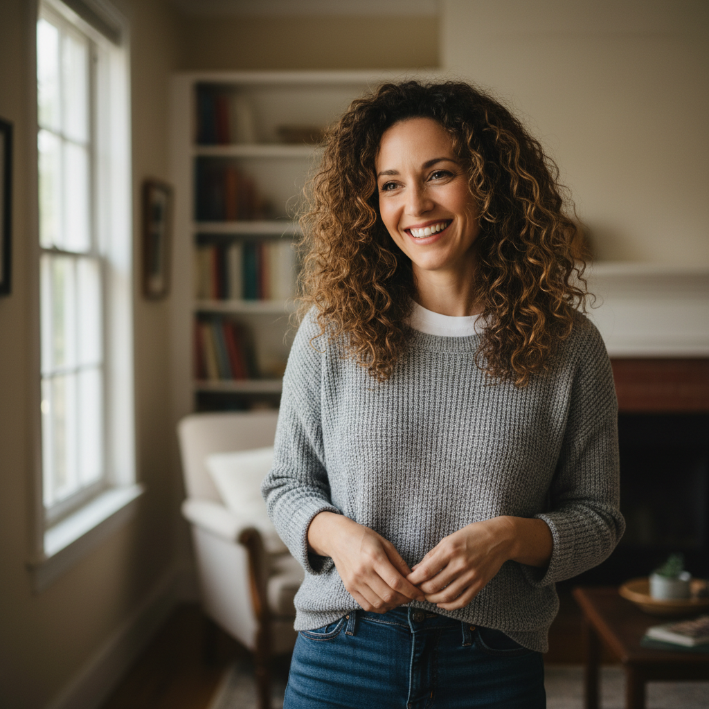 Melissa, smiling mom in her thirties with curly hair