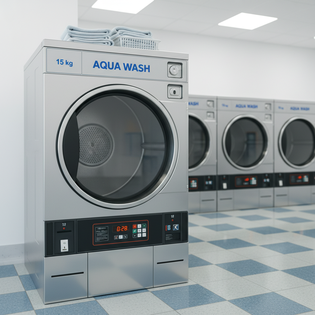 Clean modern laundromat with rows of washing machines, bright lighting, tidy environment